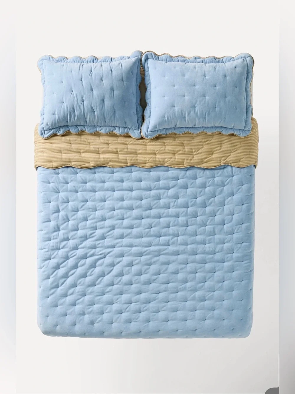 Anthropologie Abbott Cotton Velvet Solid Scalloped Quilt, Blue, Queen